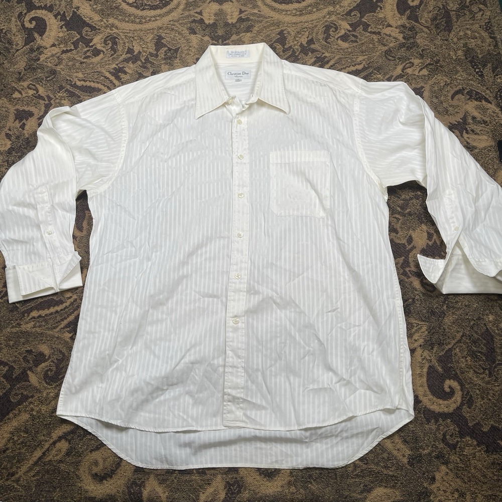 Vtg Christian Dior Chemise White Striped Button Up Shirt Mens Size 17 32/33